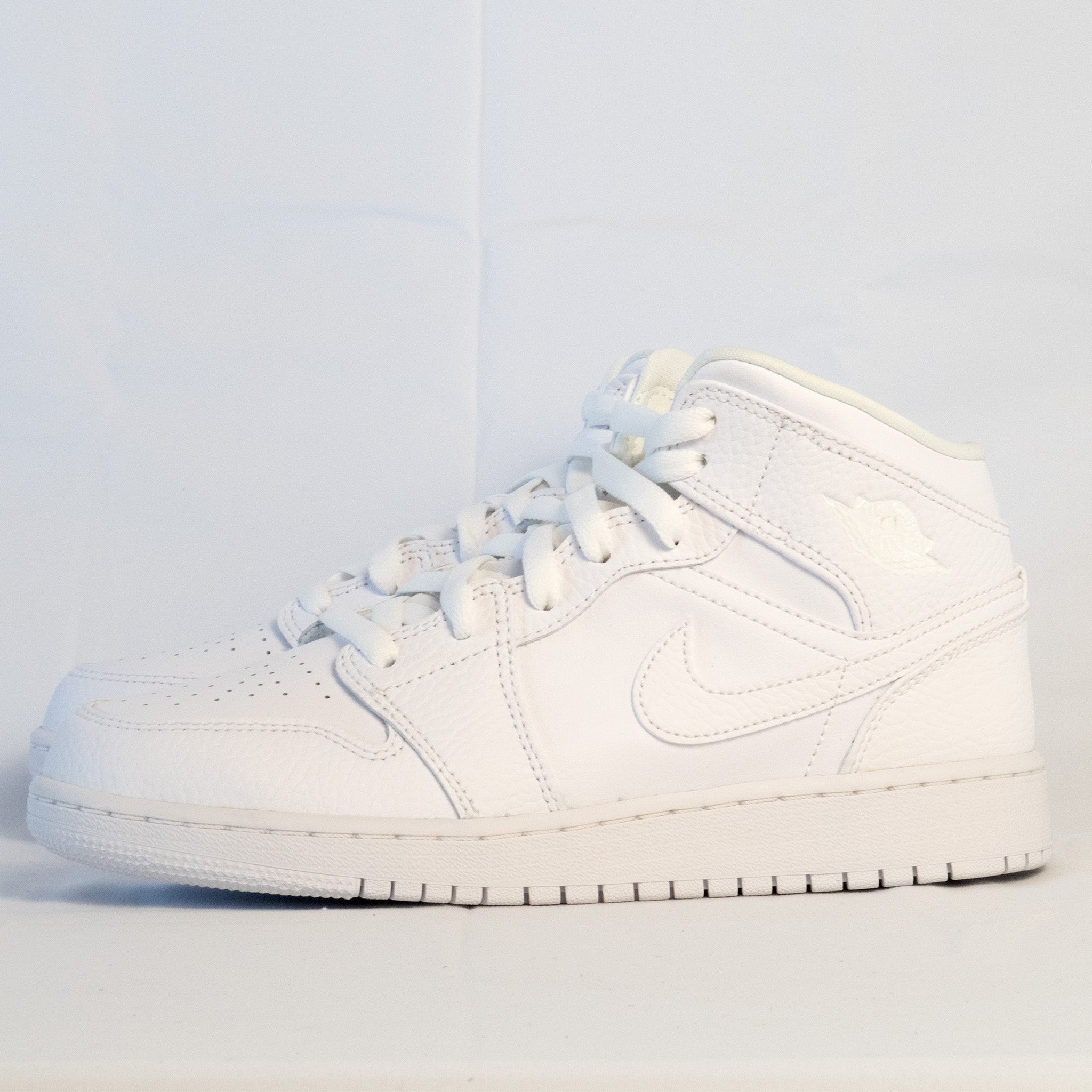 Jordan 1 Mid Triple White Tumbled Leather (GS) - 554725 - 130 - Men's and Women's Sneakers > Sneakers > Jordan 1 > Mid - Top Sneakers