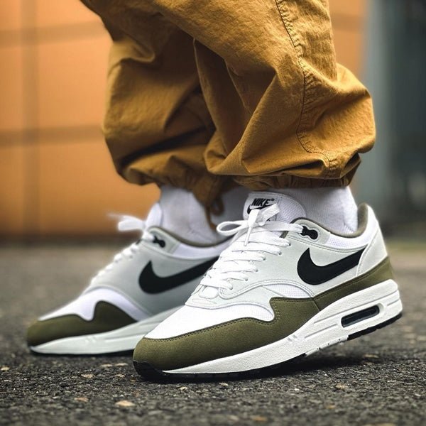 Nike Air Max 1 White Black Medium Olive - FD9082 - 102 - Men's and Women's Sneakers > Sneakers > Air Max 1 > Low - Top Sneakers